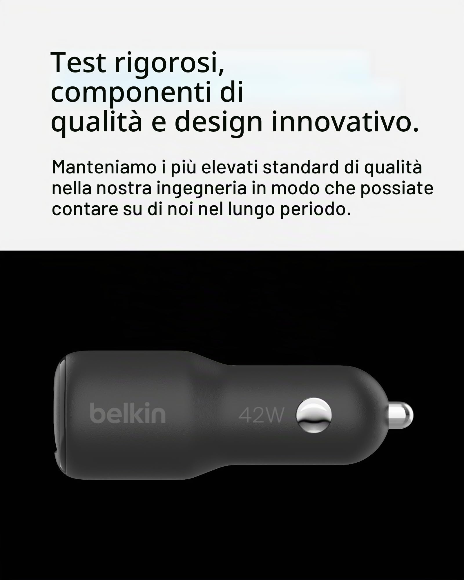 Belkin BoostCharge Doppio caricabatteria da auto da 42 W con ricarica rapida USB-C PPS da 30 W e porte USB-A da 12 W per iPhone 16,16 Pro,16 Plus,16 Pro Max,15,14,13, Samsung Galaxy S24 e altri, Nero