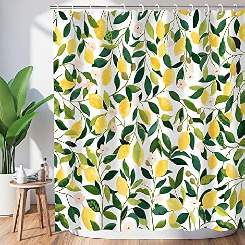 Lemon Shower Curtain Sets Green Leaves Plant Design Shower Curtain Modern Minimalistic Bathtubs Bathroom Decoration Curtain 72"×84" Cover