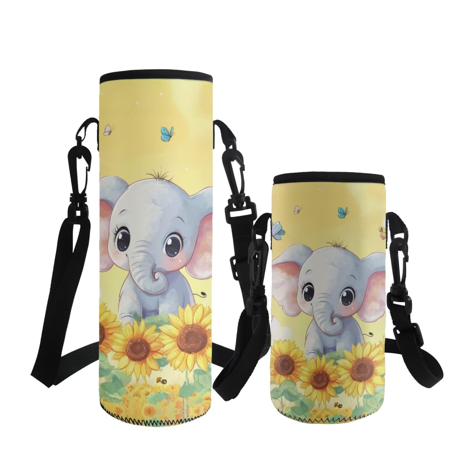 ASQVTIFE Water Bottle Carrier Bag Insulated Neoprene Bottle Holder Kids Adult Adjustable Shoulder Strap for Stainless Steel Plastic Bottles for Hiking School Walking with Cute Elephant Sunflower L — image 1