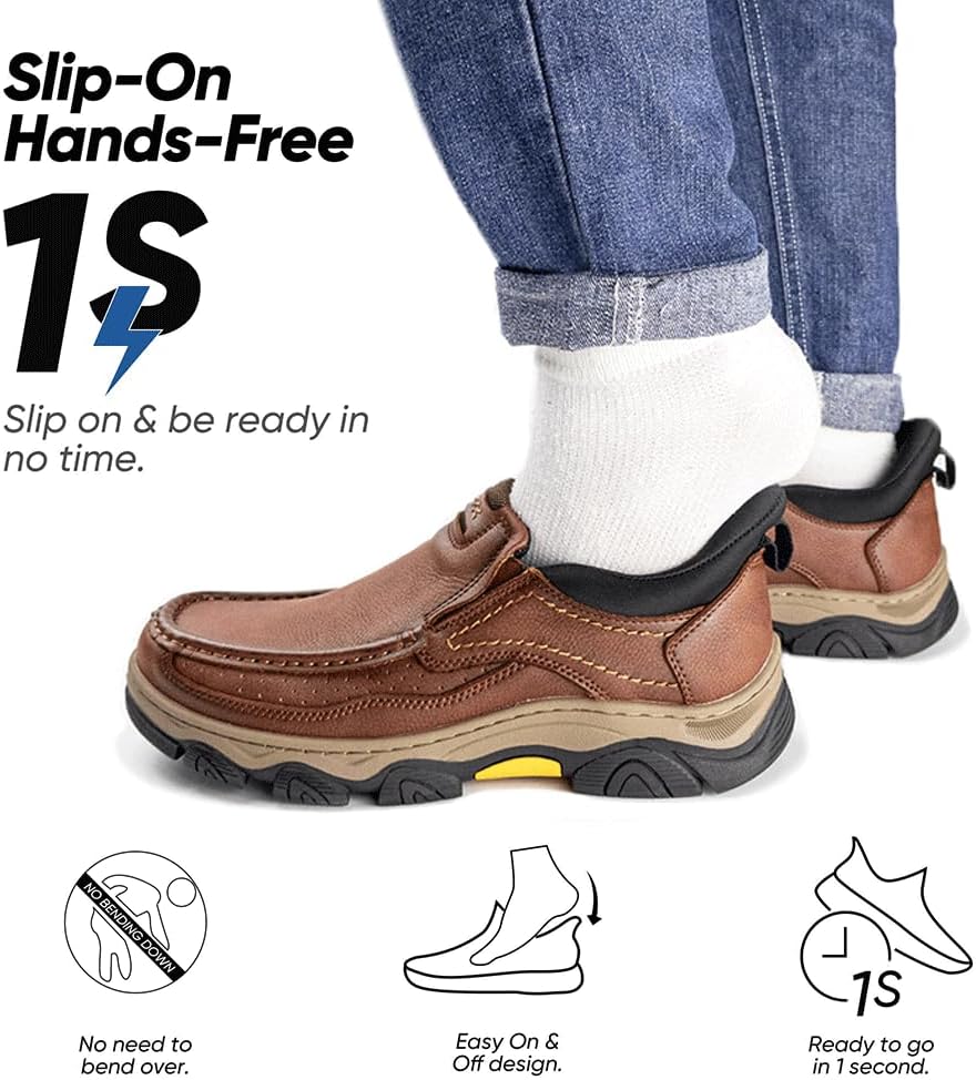 YONGJIA Mens Hands Free Slip in Loafers Walking Slip on Leather Casual Comfortable Breathable Shoes - Image 3