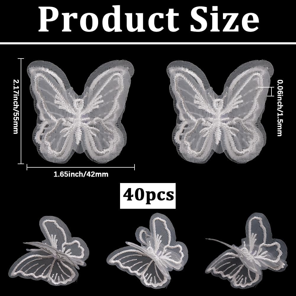 40Pcs Butterfly Lace Trims Butterfly Embellishments White 3D Embroidery Double Layer Organza Patch Sew On Accessories Fabric Lace Appliques for Hair Ornament Wedding Dress Daily Clothing image 2