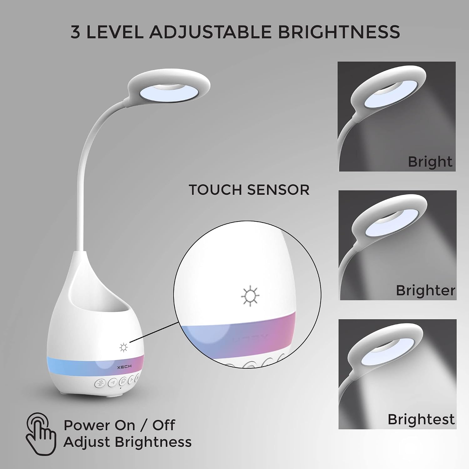 Xech T2S Desk Lamp illustrating the touch sensor for power and brightness adjustment, showing three brightness levels: Bright, Brighter, and Brightest.