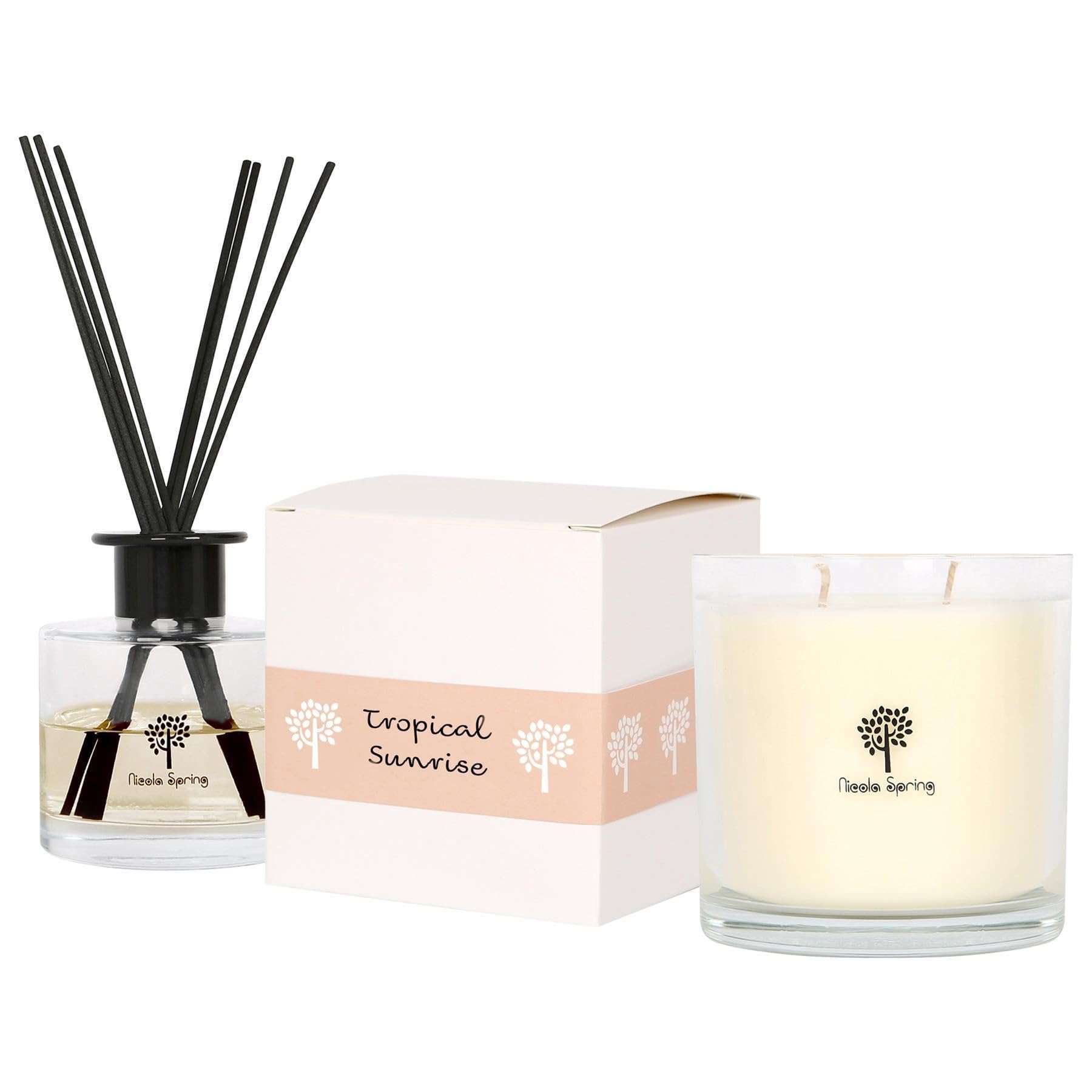 Nicola Spring Tropical Sunrise Soy Wax Scented Candle & Reed Diffuser Set – Fragrance – 400G Candle 45 Hour Burn & 200Ml Diffuser 60 Day Scent – Luxury Eco-Friendly Home Fragrance Gift Set