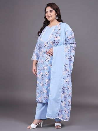 Tissu Women's Plus Size Floral Printed Pure Cotton Kurta Palazzo with Dupatta