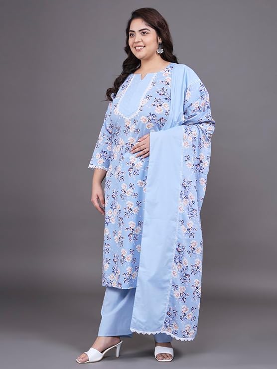 Tissu Women's Plus Size Floral Printed Pure Cotton Kurta Palazzo with Dupatta