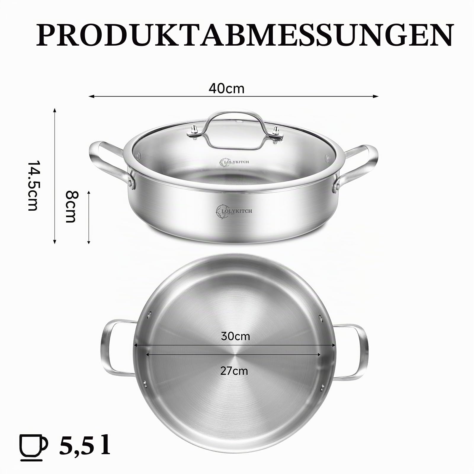 LOLYKITCH Sautépfanne 30 cm aus dreischichtigem Edelstahl, 6 L | Edelstahl mit Glasdeckel, ohne Antihaftbeschichtung, geeignet für Induktion und alle Herdarten, PFAS-frei, für 4–6 Personen