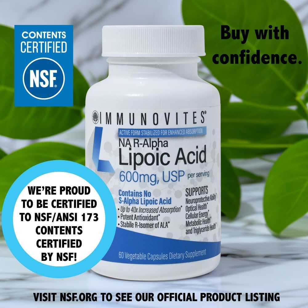 IMMUNOVITES Stabilized R-Alpha Lipoic Acid ((True)) 600mg per Serving [[High Potency & up to 40x Increased Absorption]] (Na R-ALA) (Na R-LA) (Na R-Lipoate) (1 Bottle) — Amazon image 11