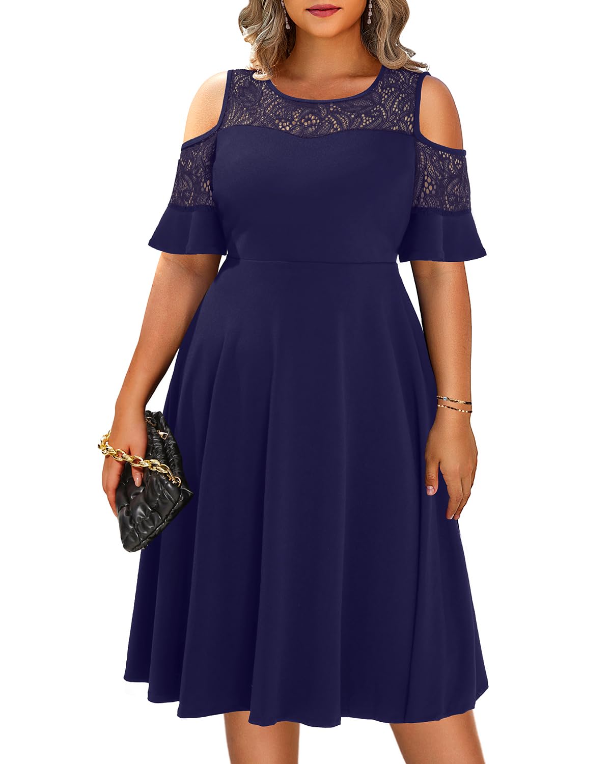 Plus Size Cocktail Dress - Graduation Cold Shoulder Lace Midi Dresses with Pockets