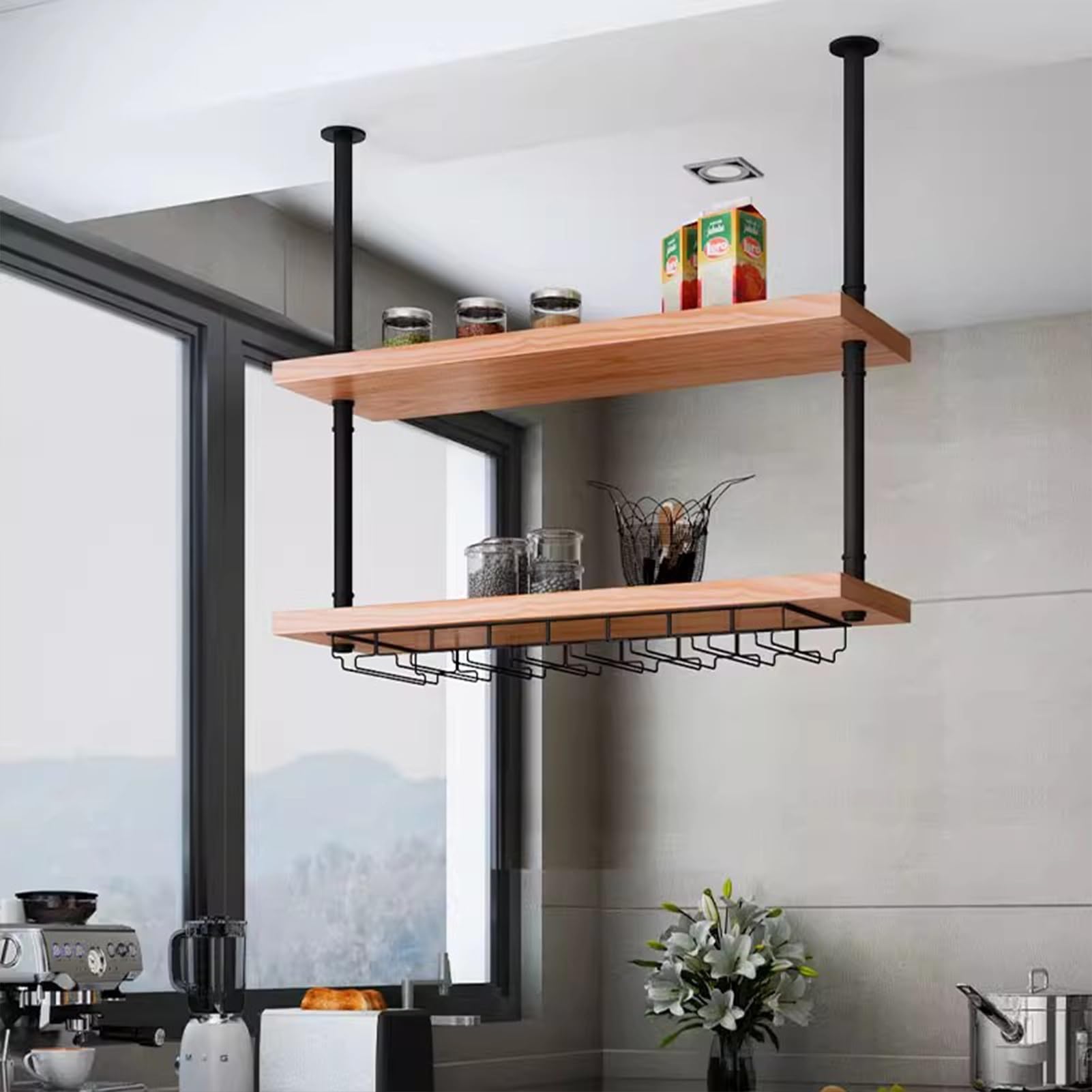 Étagère flottante plafond 2 niveaux 80x25x70cm pour cuisine et plantes