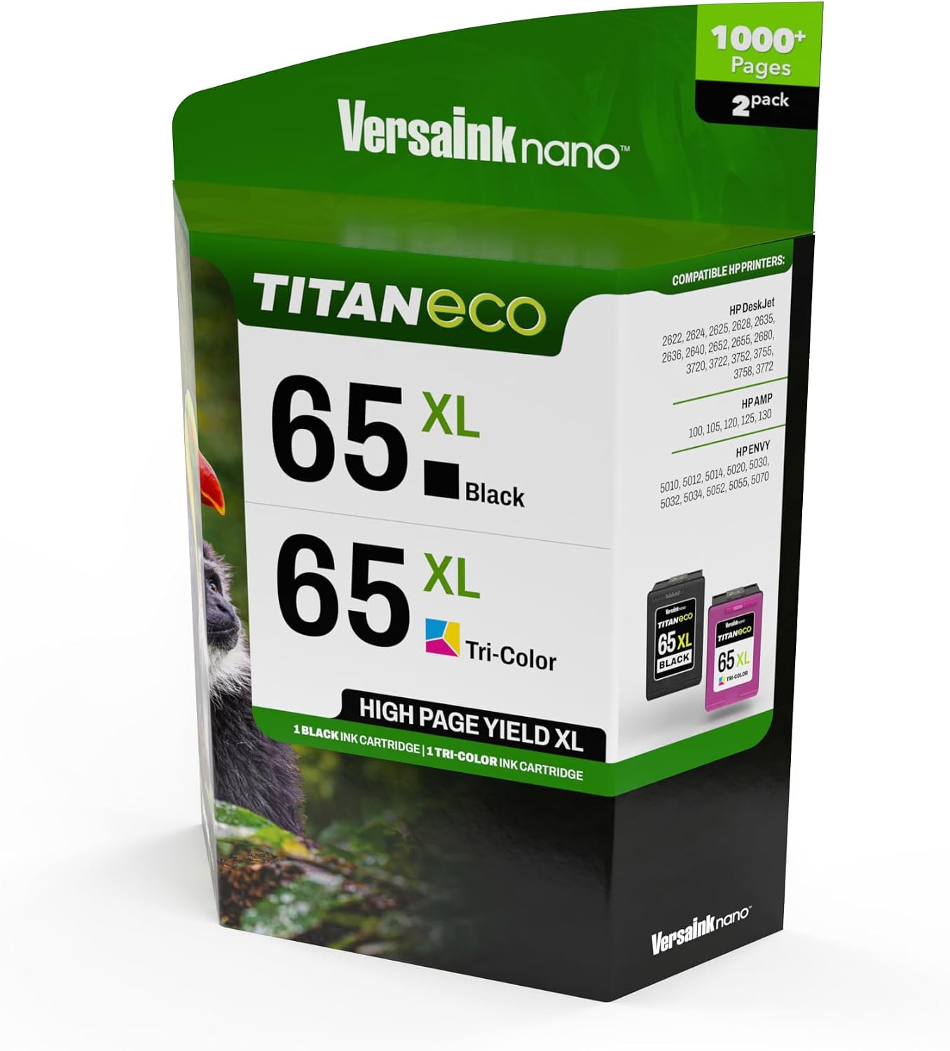 VersaInk-Nano 65 XL Titan ECO Black & Tri-Color Ink Cartridge 2-Pack Replacement of HP 65 and 65 XL, Works with HP Deskjet 3700 Series, 2600 Series, HP Envy 5000 Series