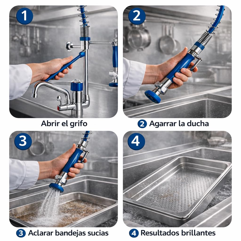 Genebre - Grifo Columna Prelavado Profesional 1803 04 | Grifo Industrial Monomando con Ducha Extraíble y Maneta Médica | Cocina Profesional, Hostelería, AISI 304 Inoxidable