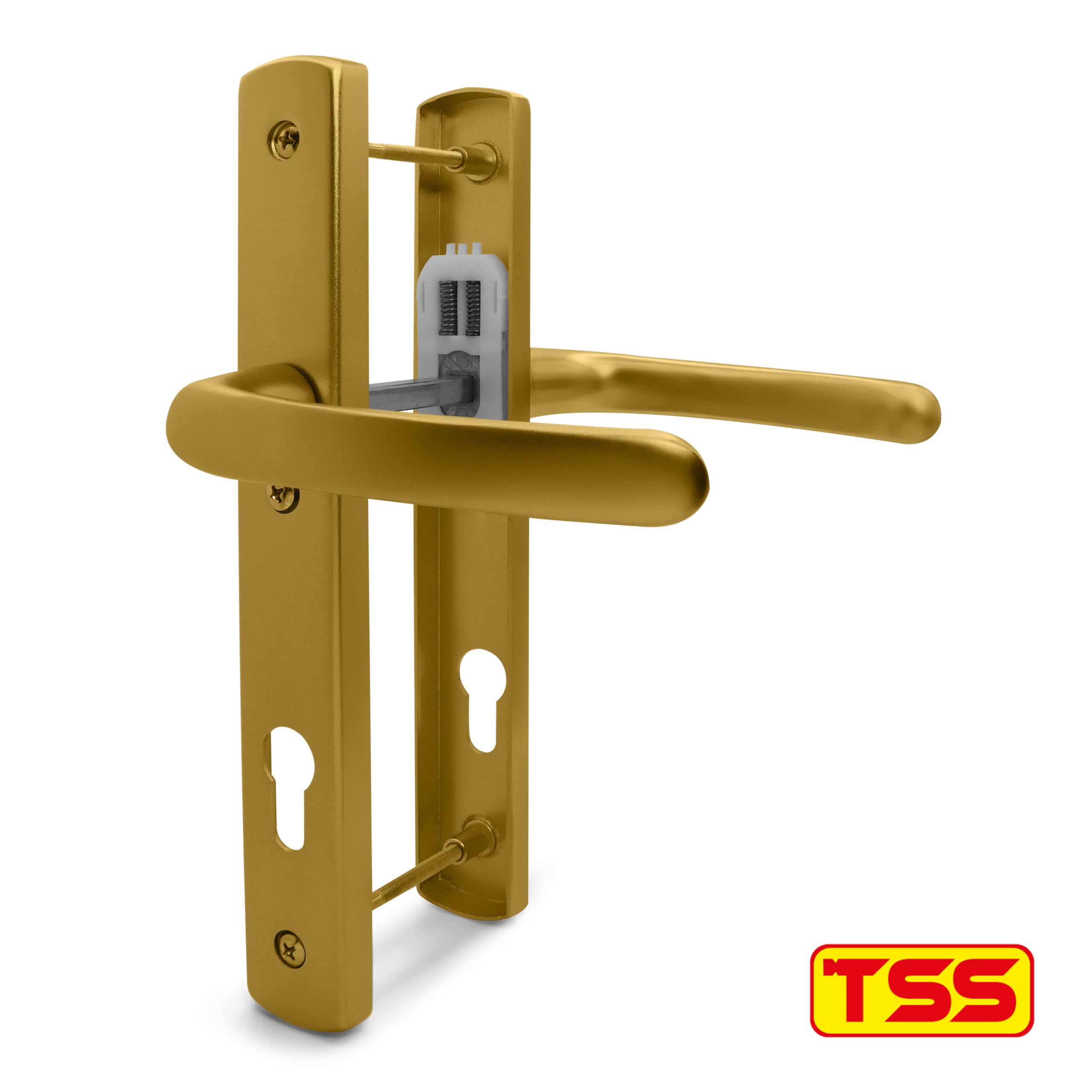 TSS Gold UPVC Door Handle Pair Set, 92mm PZ (Centres), Sprung, Lever Lever, 215mm Top to Bottom Screw (Screw Centres) - Image 4