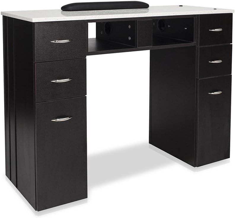 J & A Manicure Nail Table for Salons – 40" W x 15" D x 30.5" H, Dark Brown Cabinet, White Granite Top, 6 Drawers, 2 UV Dryer Slots, Built-in Trash, Hidden Casters, JA-KM-N104
