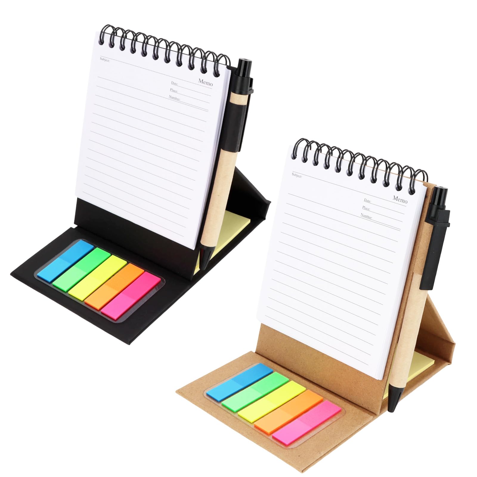 Padorul 2 Pack Spiral Standing Memo Notepads with Sticky Notes & Pen, Black & Kraft Mini Pocket Notebooks for Office School Supplies