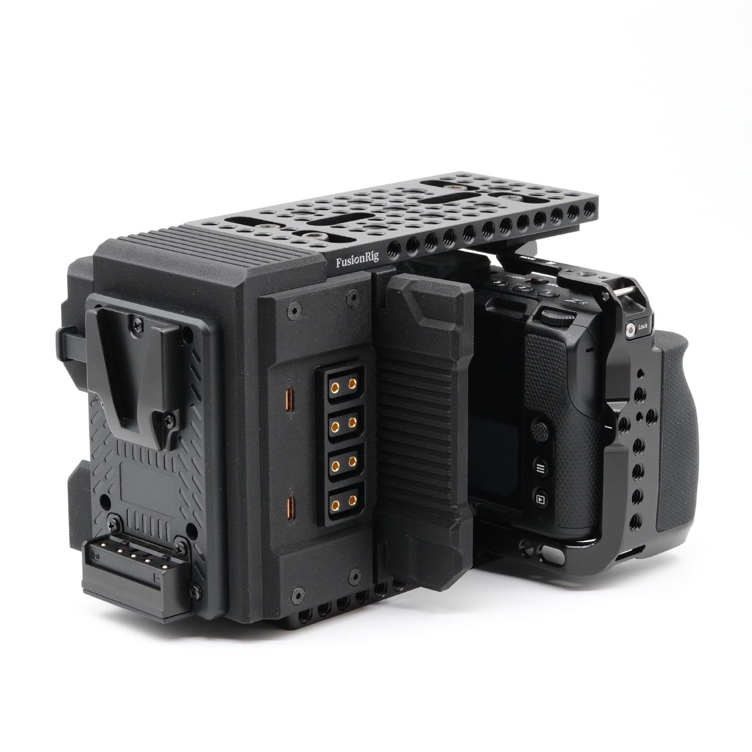 FusionRig Moduł rozszerzający do klatki aparatu Nikon ZR, kompatybilny z SmallRig 5467, uchwyt akumulatora V-Mount, rozdzielacz D-Tap, dwa wyjścia USB-C (65 W), lekka konstrukcja ze stopu aluminium i
