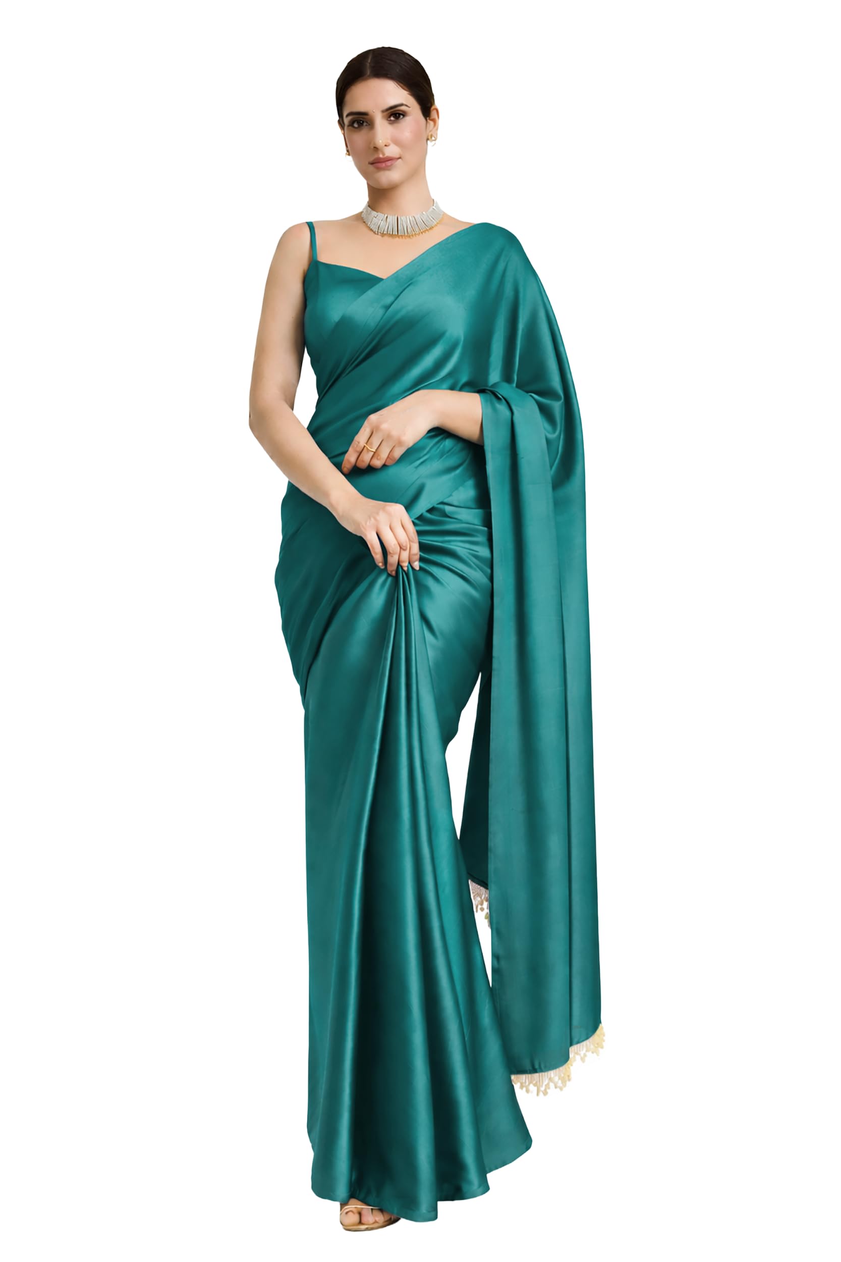 Women's Ready to Wear 1 Minute Pre Pleated Readymade Pure Real Satin Silk Saree with Handwork Moti Lace Border Work with Unstitched Blouse Piece-image-43