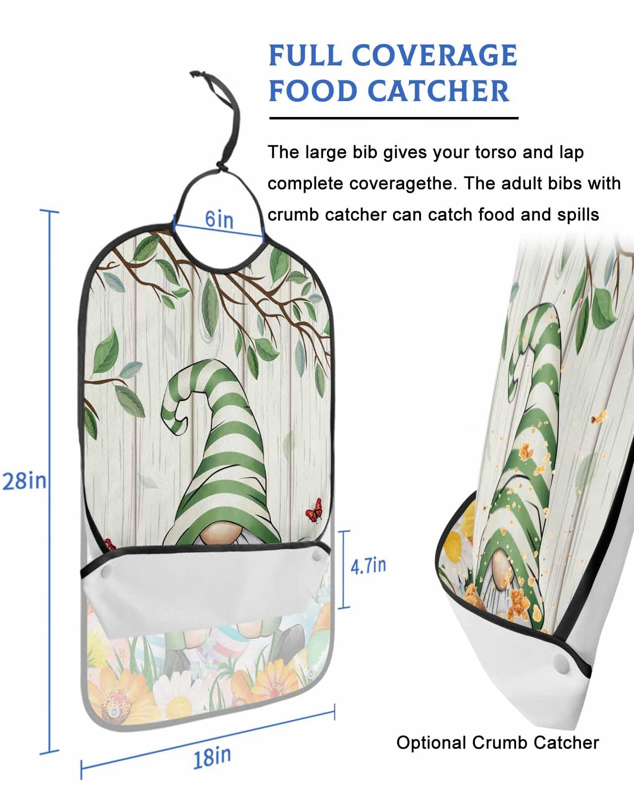 Easter Adult Bib for Adults Men, Women, Eucalyptus Leaves Gnomes Easter Egg Woodgrain Washable & Adjustable Terry Cloth Bib with Crumb Catcher Reusable Waterproof Clothing Clothes Protector Apron