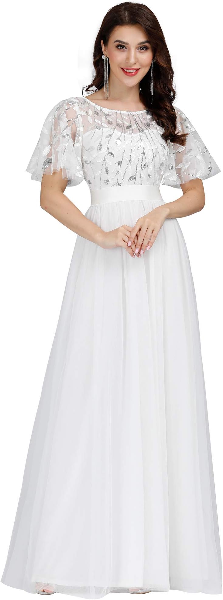 Ever-PrettyWomen's Formal Dresses Crew Neck Sequin Ruffle Sleeve Empire Waist Beaded Long Evening Dresses 00904