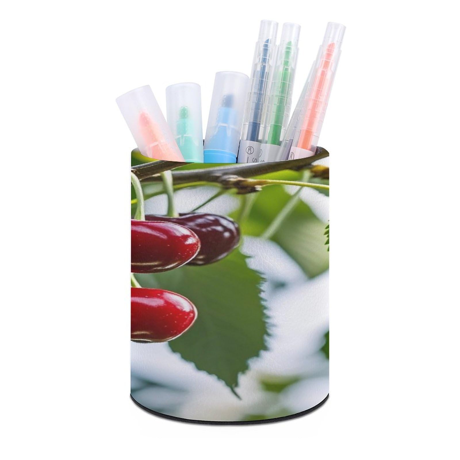 FekiLoot Round Red Cherry Pattern Pen Holder for Desk PU Leather Waterproof Pencil Cup Stand Minimalist Makeup Brush Storage Organizer Desktop Stationery Container Accessorires