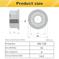 Vista 2 de Paquete de 55 tuercas hexagonales de brida dentada M6, tuercas de brida hexagonales M6-1mm, acero inoxidable 304, sujetadores de tuercas métricas
