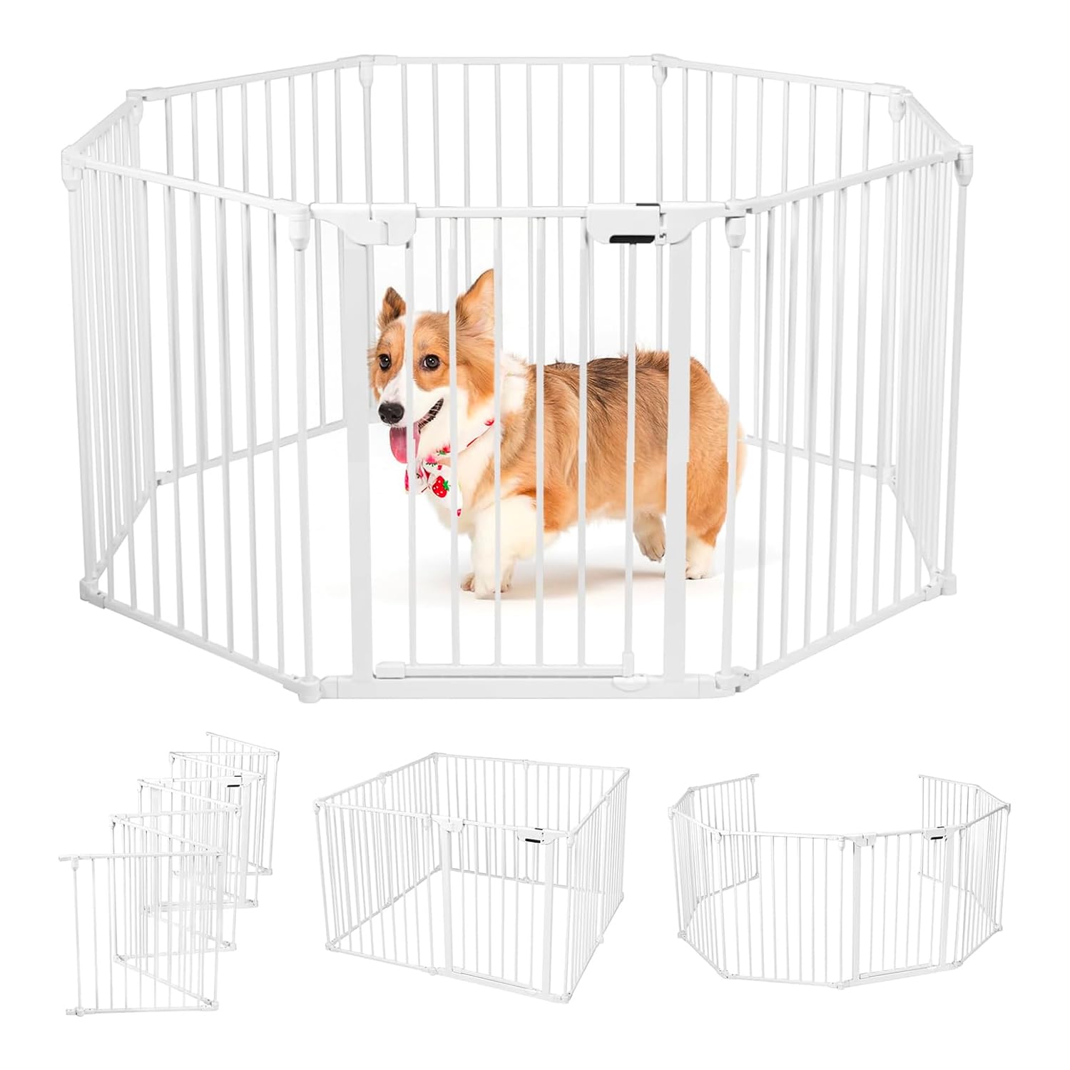 Barrera de Seguridad para niños, Perros y Gatos con Puerta – Caja de Seguridad Ideal para protección doméstica y Separador de ambientes, de Metal Barnizado Blanco, 120 x 74 cm