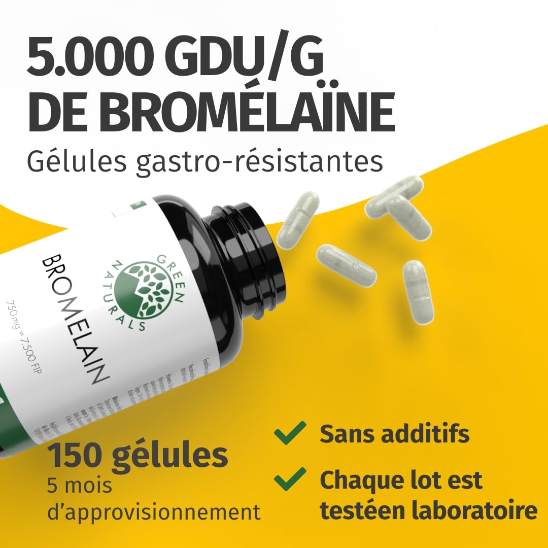 Green Naturals® Bromélaïne – Hautement dosée : 750 mg (5 000 GDU/g) d’extrait naturel d’ananas – Gélules gastro-résistantes (DR Caps) – Vegan & testée en laboratoire – 150 gélules (5 mois)