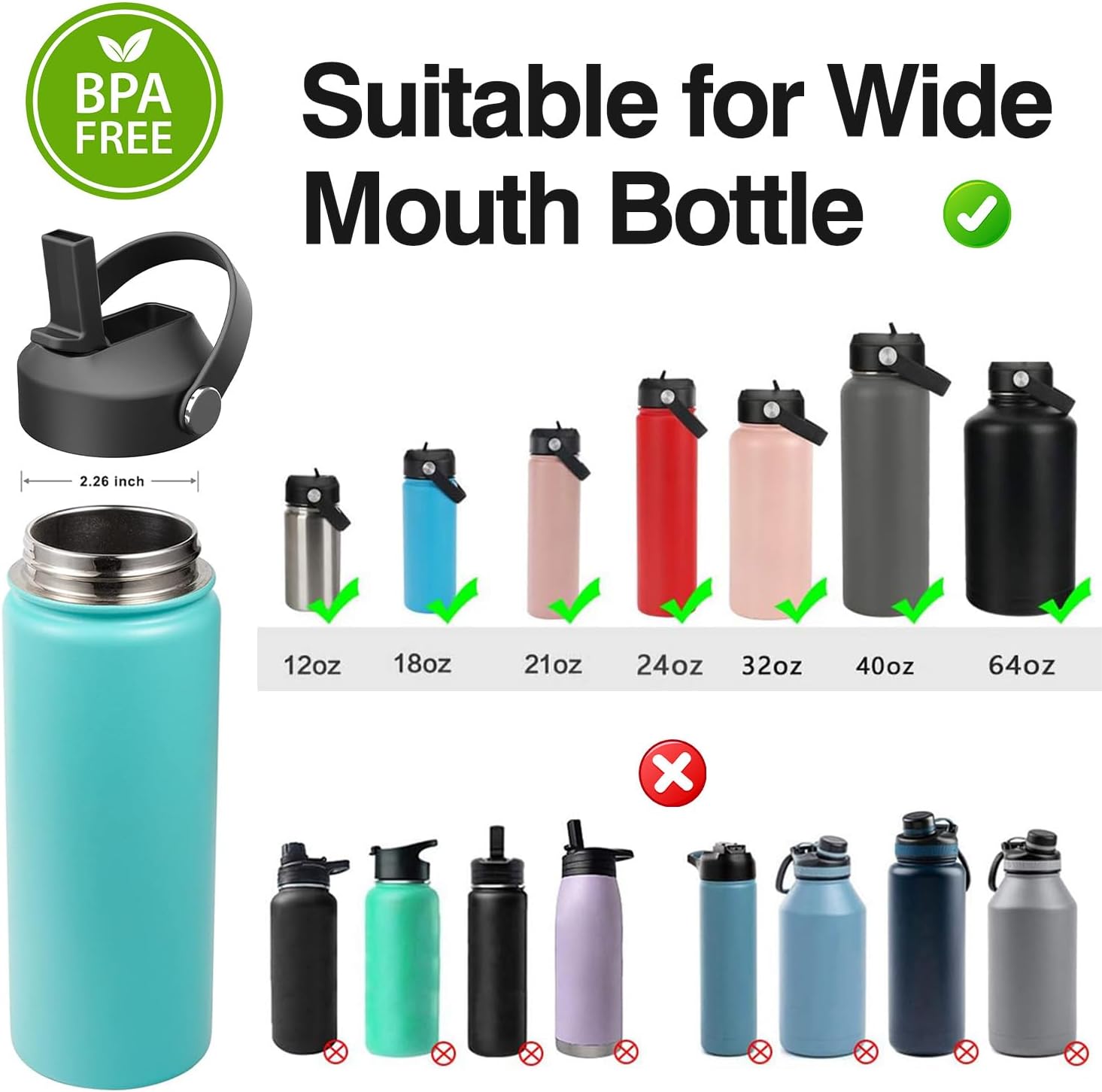 Straw lid for Hydroflask Wide Mouth Water bottle,Flex Straw Lid compatible with Hydro Flask 12 16 18 20 32 40 64 oz,Sports Straw Cap Flip Top Lid Water Bottle Lid Accessories… - Image 5