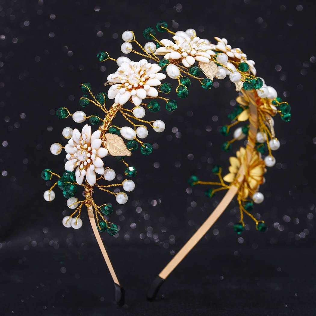 Urieo Cerchietto per capelli da sposa con fiore verde con cristalli, accessorio per capelli da donna
