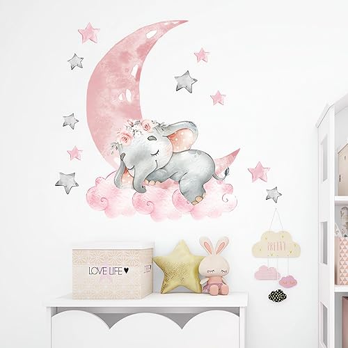 Miniatura 3 de Lindas calcomanías de pared de elefante rosa durmiendo, luna y estrellas de sacinora para bricolaje, calcomanías de pared de vinilo extraíble para