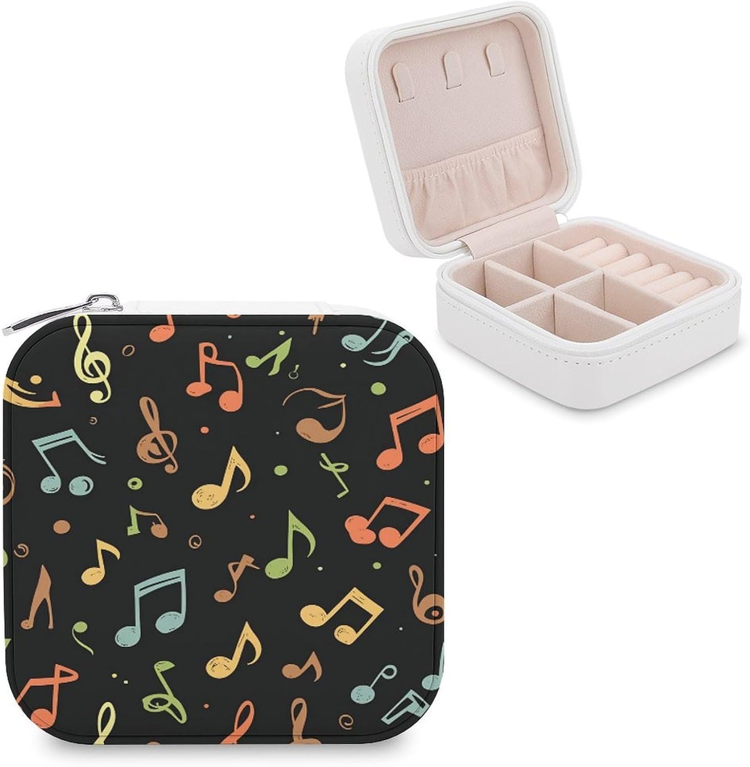 Music Note Travel Jewelry Organizer Box for Women, Compact PU Leather Jewelry Case with Zipper Closure, Portable Jewelry Storage Box with Ring Earring Holder