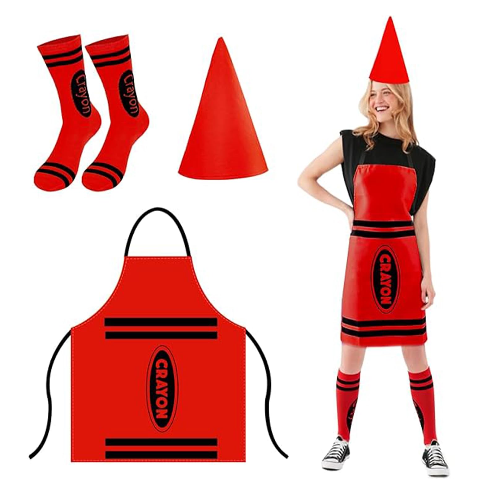 Netupett Adult Crayon Costume 3Pcs | Colorful Fancy Dress with Crayon Apron、Cone Hat 、Striped Socks、Unisex Outfit for World Book Day、Halloween、Christmas & Group Cosplay 2+ VIDEO