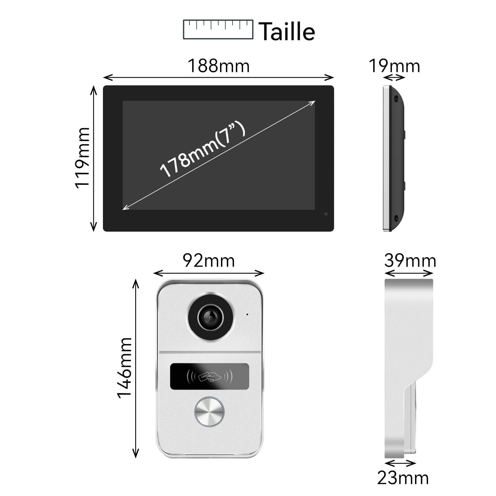 1080P Interphone Video, Visiophone Filaire KW02-IP7x3, Moniteur Tactile Couleur 7, 2 Fils, Vision Nocturne, RFID/App Unlock, Detection Humain, Audio Bidirectionnel