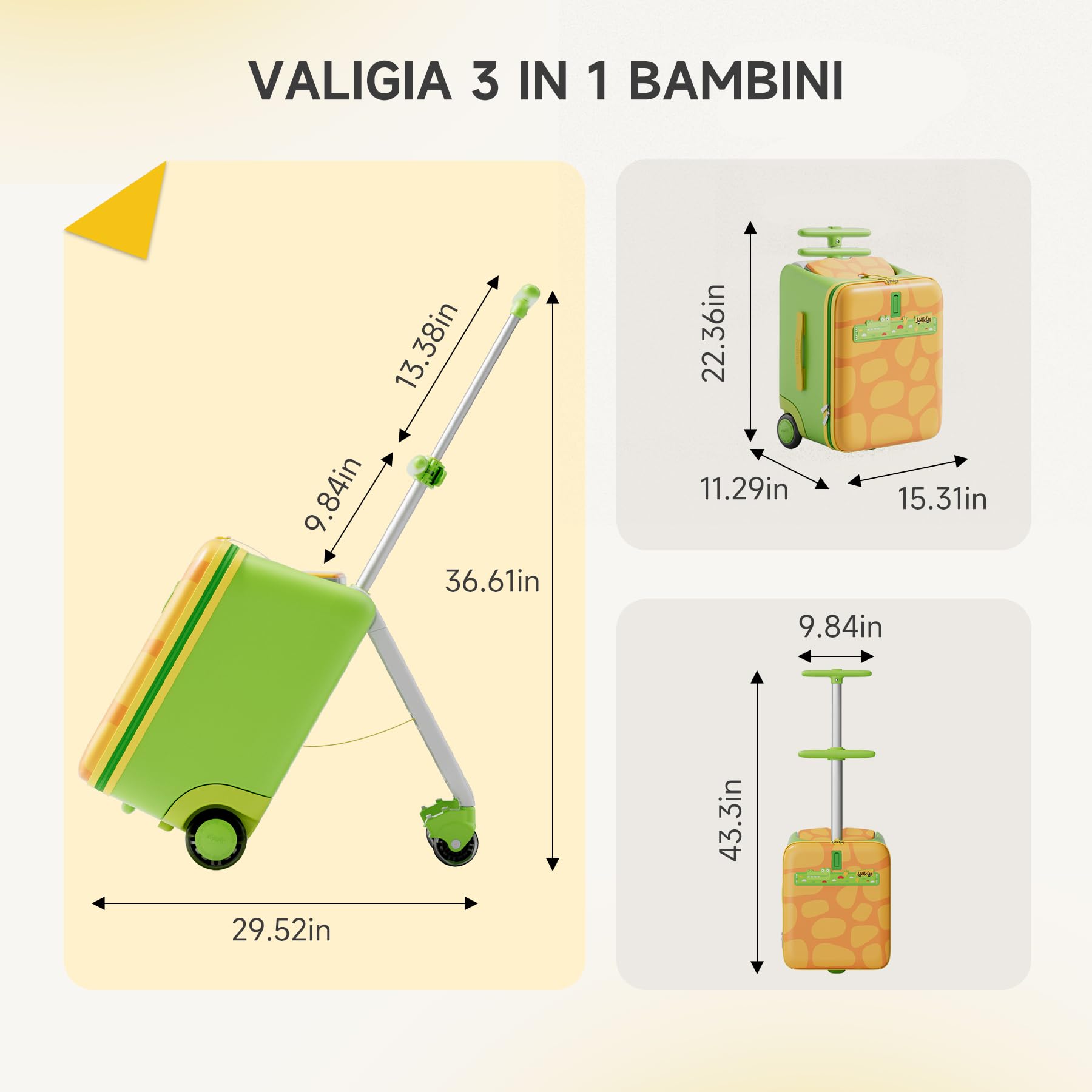 Jovikids Valigia Cavalcabile per Bambini, 38L Trolley Bagaglio a mano, Bambini dai 3 anni in su, Ruote universali, braccioli per bambini, 30 * 38.6 * 56.9cm (green)