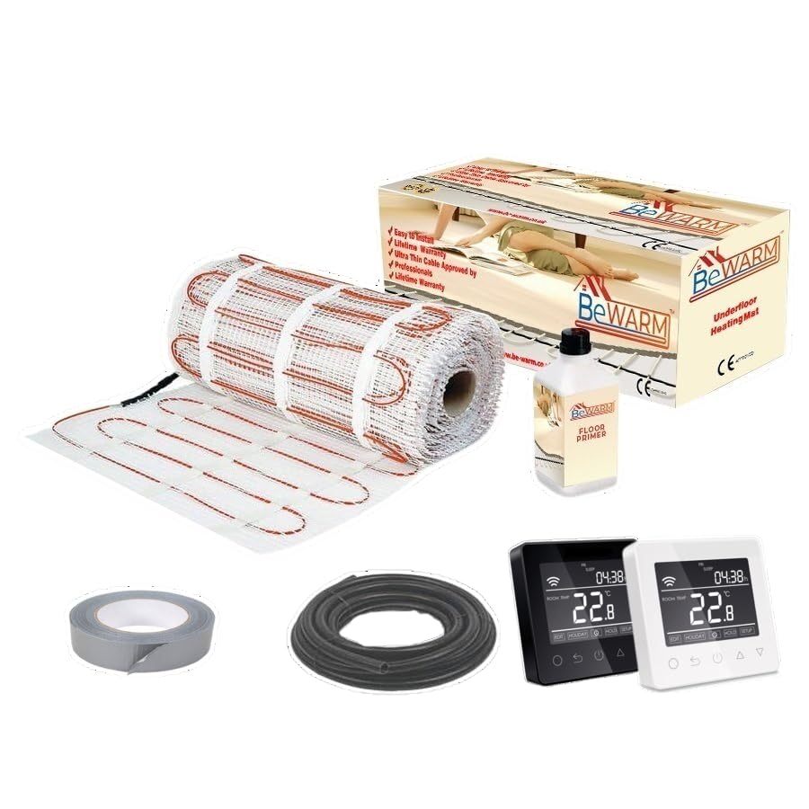 BeWarm Electric Underfloor Heating Kit, 200w / m2 Sticky Mat (4.5m2, Smart Black WiFi Thermostat)