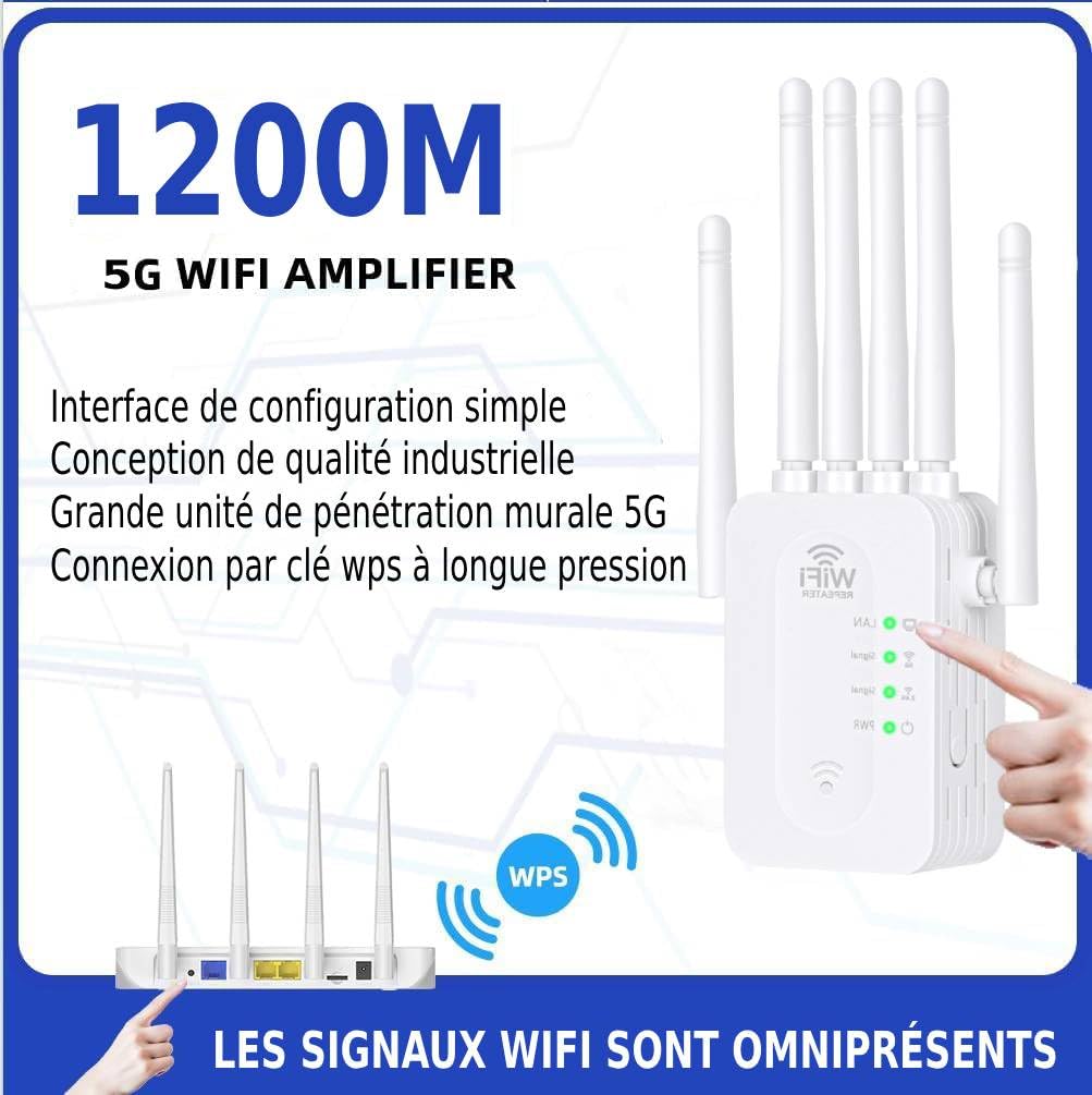 Répéteur WiFi Exterieur,2025 Nouveau repeteur WiFi Puissant,Amplificateur WiFi 6 antennes,2 Ports LAN,Répéteur WiFi 1200Mbps, Compatible avec Toutes Les Box Internet Ethernet Port (White)