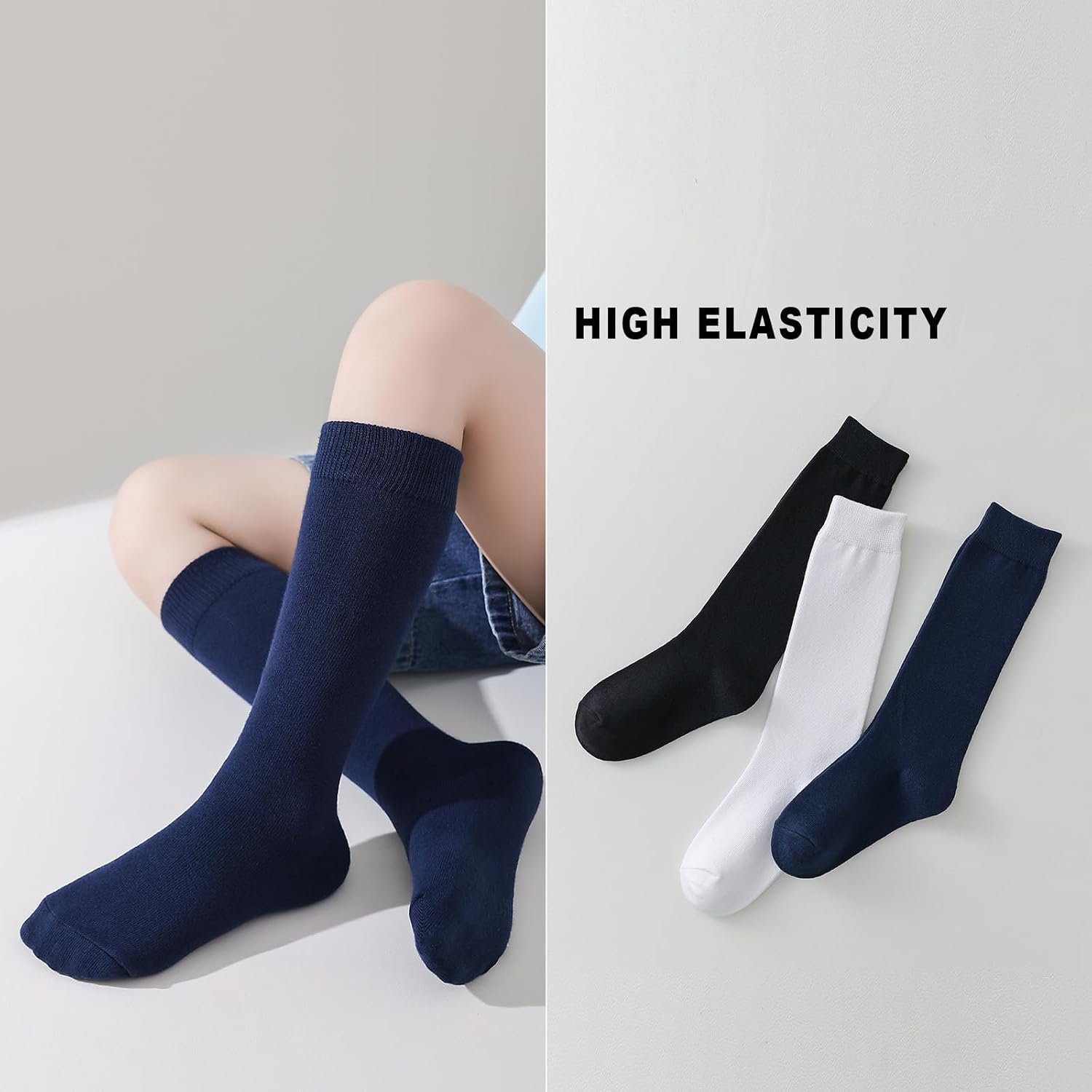 EPEIUS Kids Knee High Socks - Cotton School Uniform Socks for Girls & Boys, White, Navy Blue, 5T-15 Years image 5