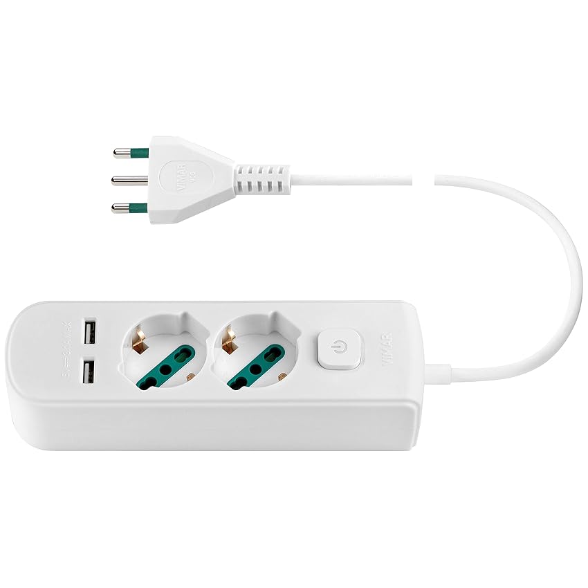 Vimar 0R00625.CC.B Presa multipla con interruttore e cavo da 1,5 m, 2 uscite SICURY universale e spina standard italiano, 2 uscite USB A, bianco