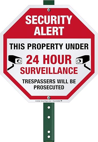 Miniatura 1 de SmartSign Cartel de seguridad de alerta de seguridad de 10 x 10 pulgadas con vigilancia de 24 horas, con estaca de 3 pies, aluminio laminado de 40