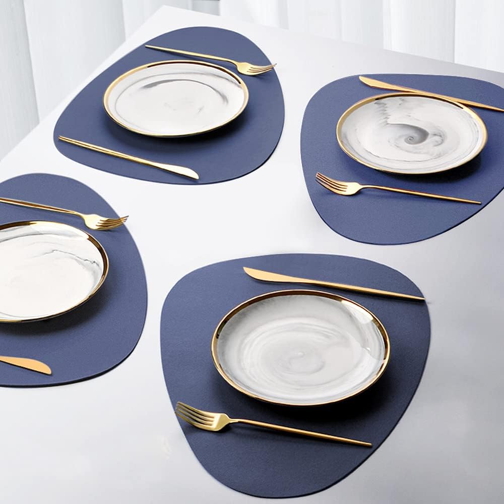 4Pack Faux Leather Placemats Set,Round PU Dinning Table Mats,Wipeable Easy to Clean Stain Resistant Heat Resistant Waterproof Place Mats Durable Plate Mats for Table Nordic Style (Navy Blue)