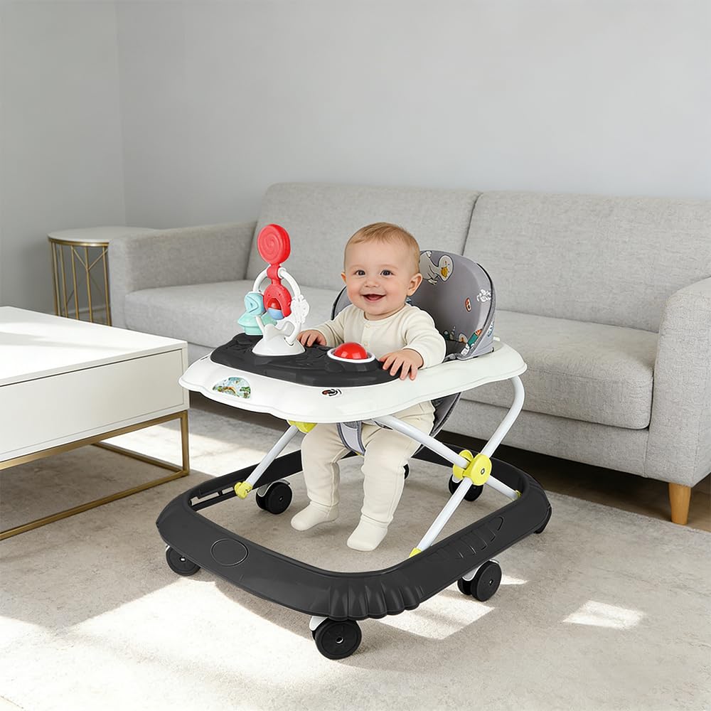 Girello 4 in 1, girello pieghevole per bambini con vassoio di gioco interattivo con suoni, base anti-ribaltamento, deambulatore ruote in silicone e 4 posizioni di altezza, da 6 a 18 mesi (nero-67 x 72 - 4