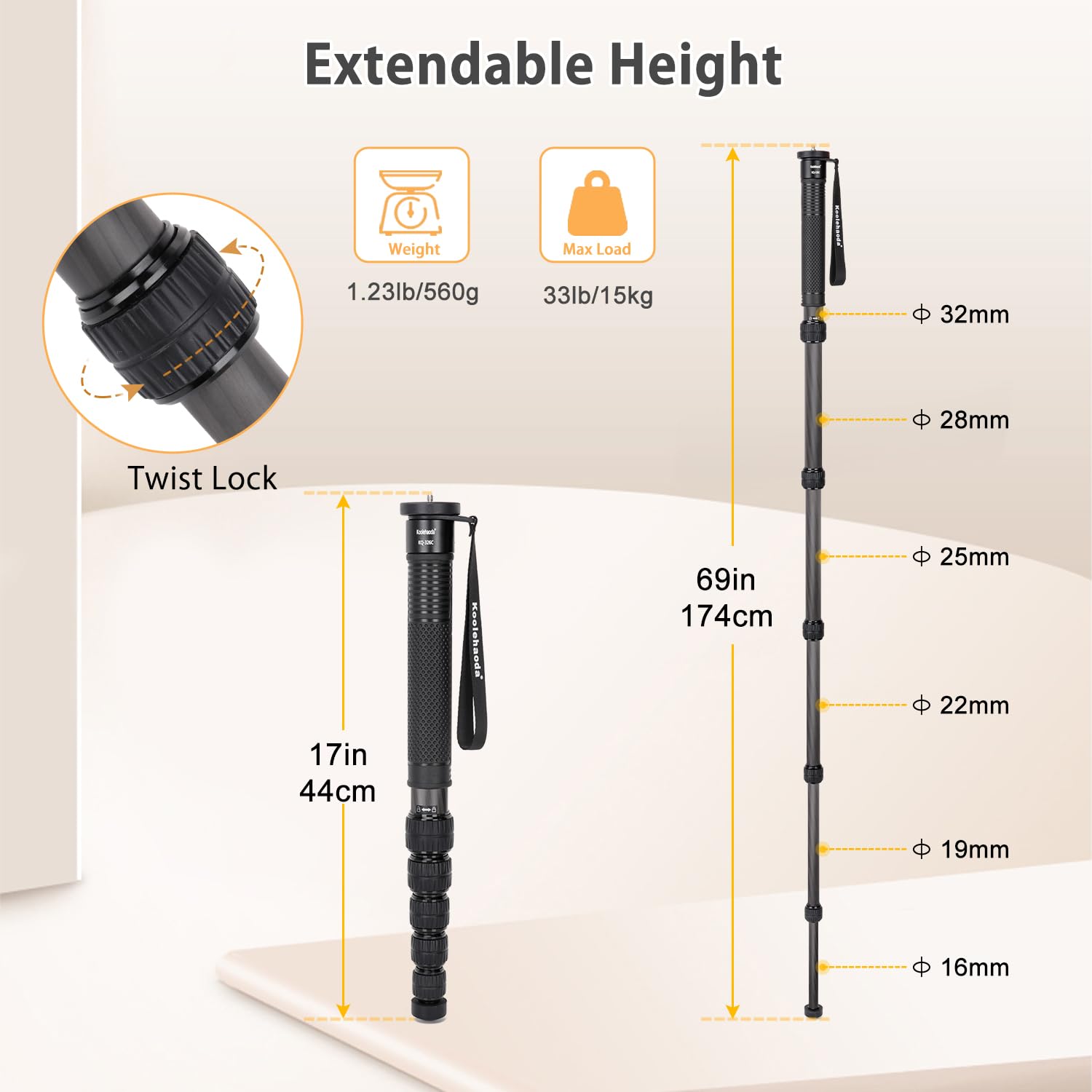 Koolehaoda Monopie de 44-174 cm para cámara, monopie de Fibra de Carbono con Tubo de 32 mm, monopie de Viaje portátil y liviano para cámaras DSLR, Carga útil de 15 kg (KQ-326C)