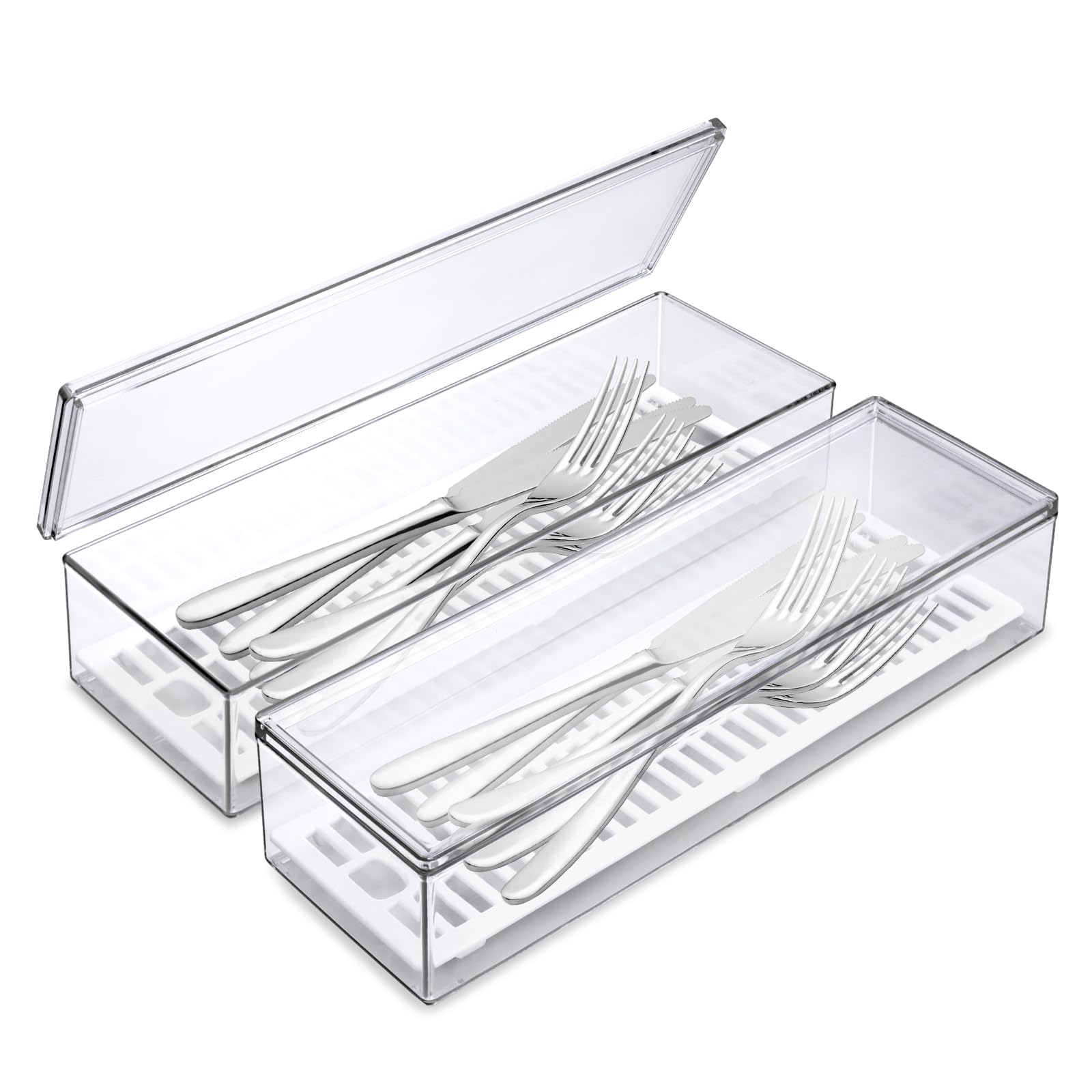 Modixun 2 Pack Silverware Organizer with Lid and Drainer - Kitchen Drawer Organizer Cutlery Tray Flatware Storage Box, Clear Tableware Utensil Holder for Spoons Forks Knives