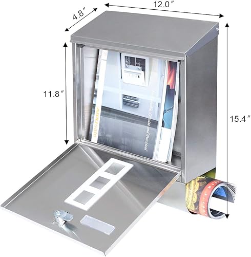 Miniatura 30 de Decaller buzones de metal para montar en la pared con cerradura de llave, buzón grande con compartimento para periódicos, plateado 936 negro