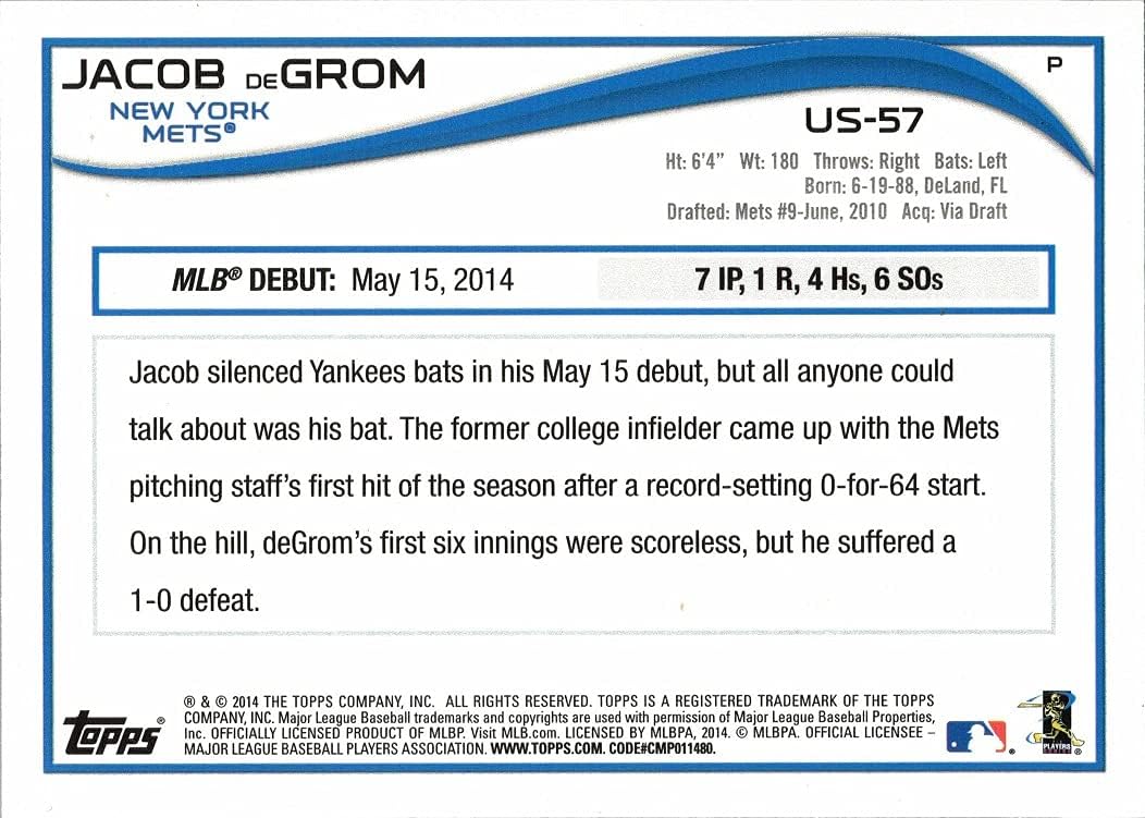 2014 Topps Update WalMart Blue #US-57 Jacob deGrom Rookie Debut Baseball Card – Near Mint to Mint