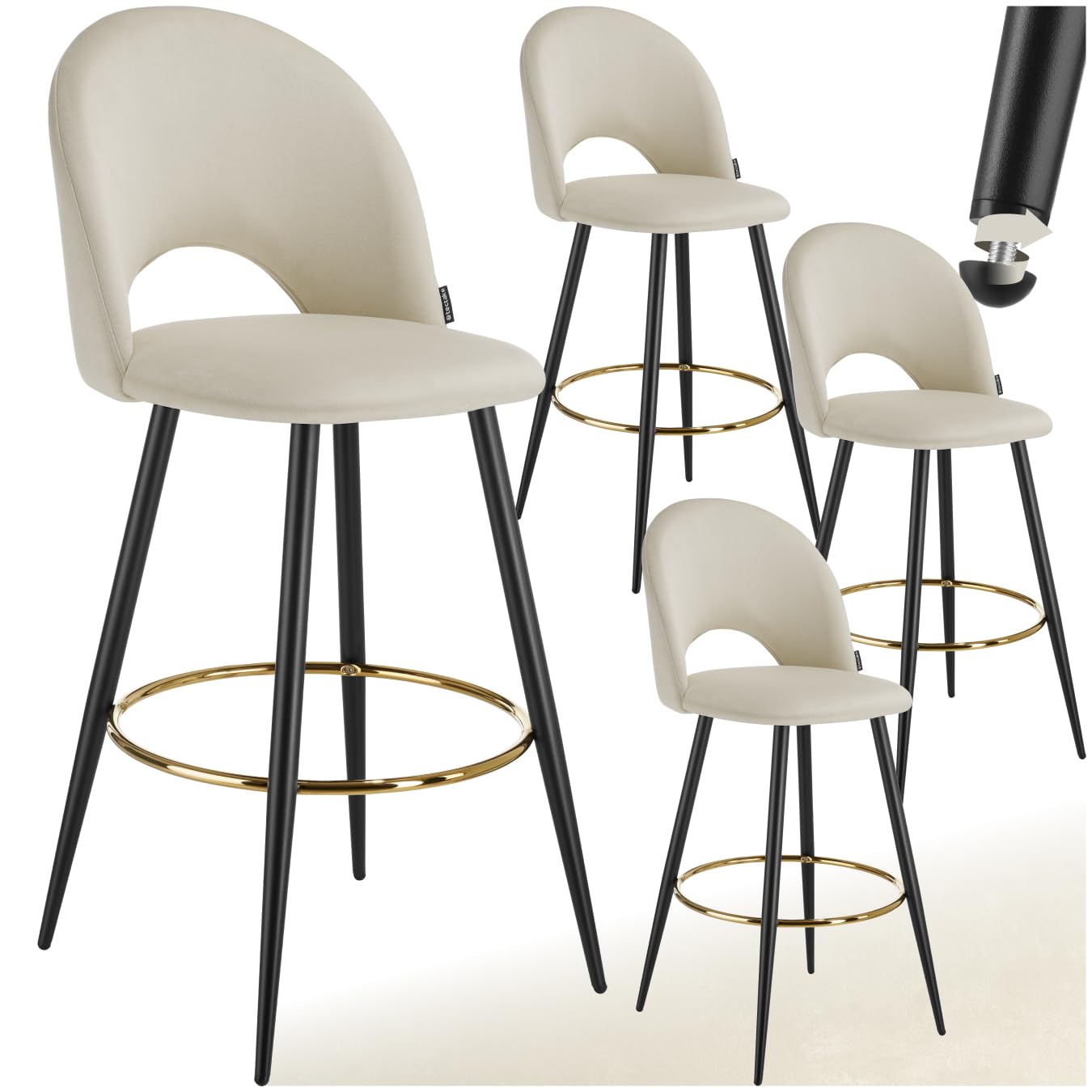 TecTake® Taburete Alto Cocina con Respaldo, Acolchado, Terciopelo Suave, Taburete Bar con Patas de Acero, Reposapiés y Pies Antideslizantes, Silla Cocina o Bar, Banqueta - 4 sillas, Crema/Negro