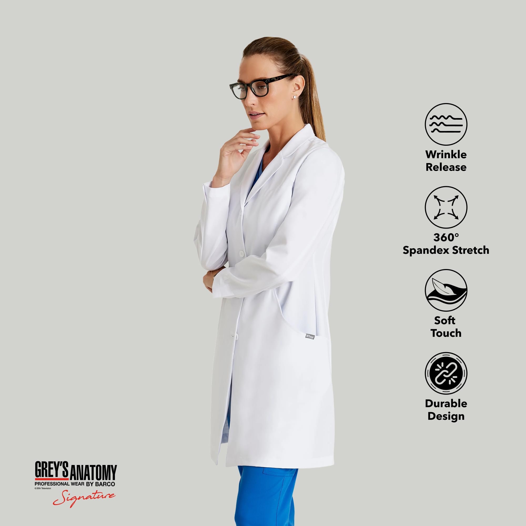 BARCO Grey's Anatomy Scrubs Signature - Penelope - Abrigo de laboratorio profesional para mujer, longitud completa, 4 botones, manga larga, 35-37 pulgadas