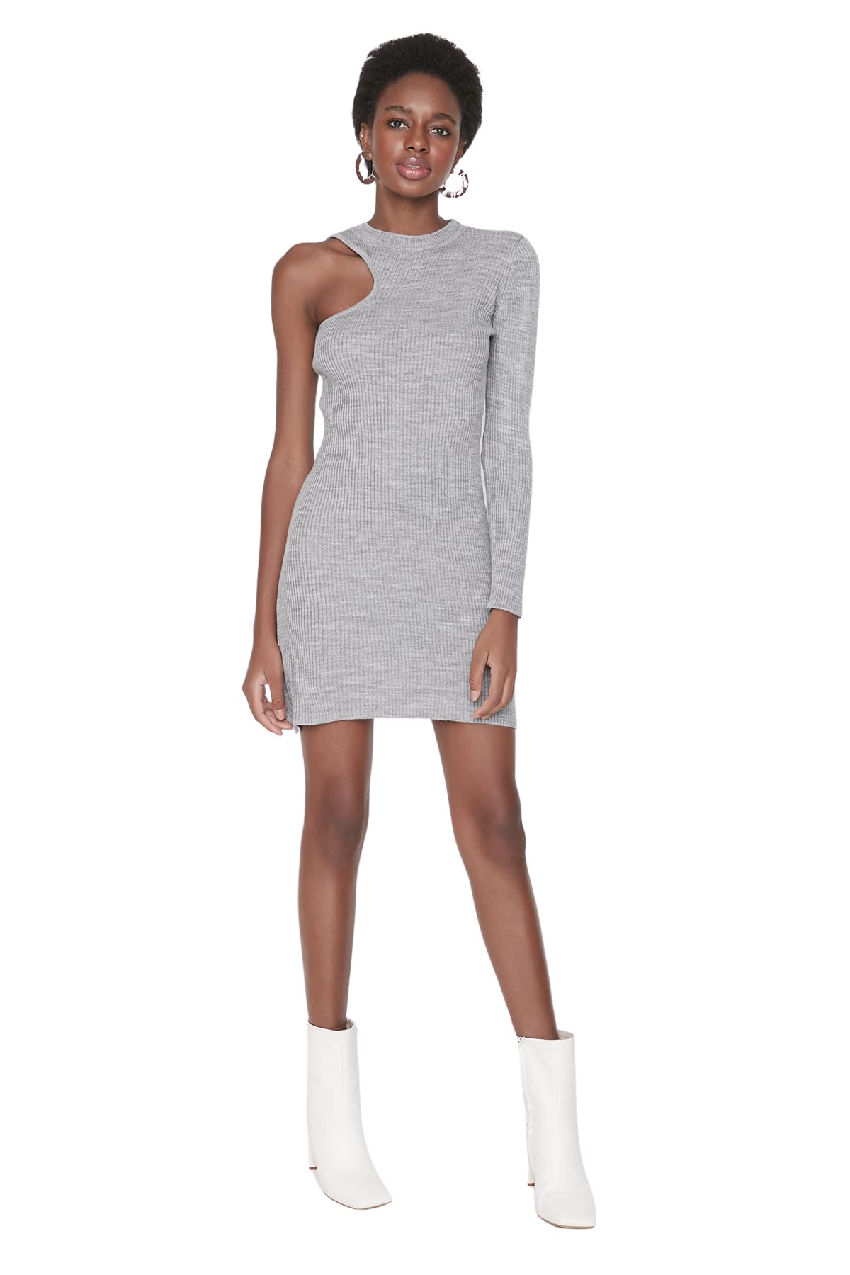 Trendyol Women's Grau Design Mini Bodycone Slim Fit Knitwear Dress