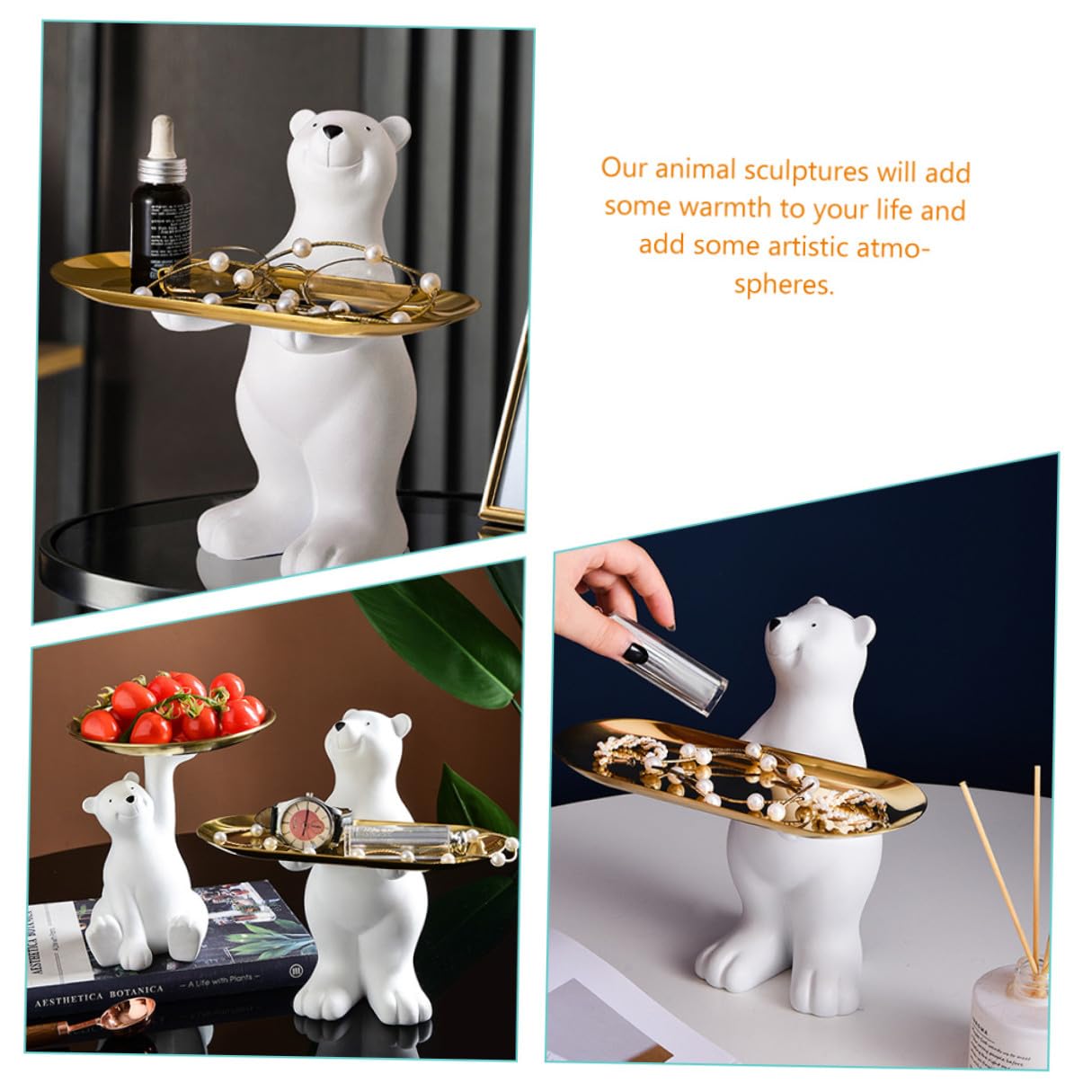 TOYANDONA Bandeja Decorativa de Resina con Escultura de Oso Polar, Plato de Almacenamiento Desmontable y Multifuncional para Salón, Entrada y Organización de Llaves, 1 Pieza