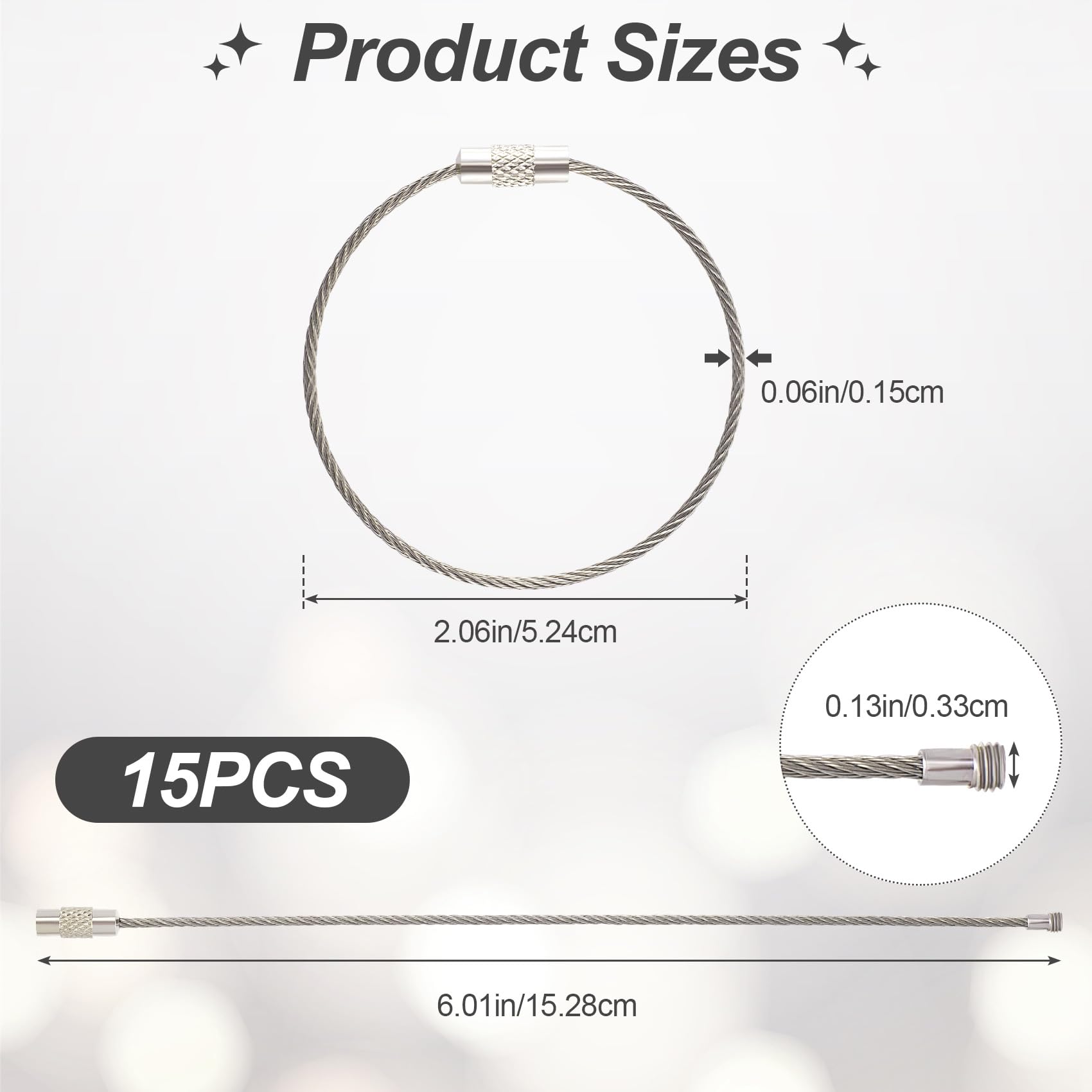 Joez Wonderful 15 Pack of 6 Inch Wire Keychain Cable, Large Stainless Steel Key Ring Loop Holder for Luggage Tags, Keyrings, ID Tag Keeper (Silver)