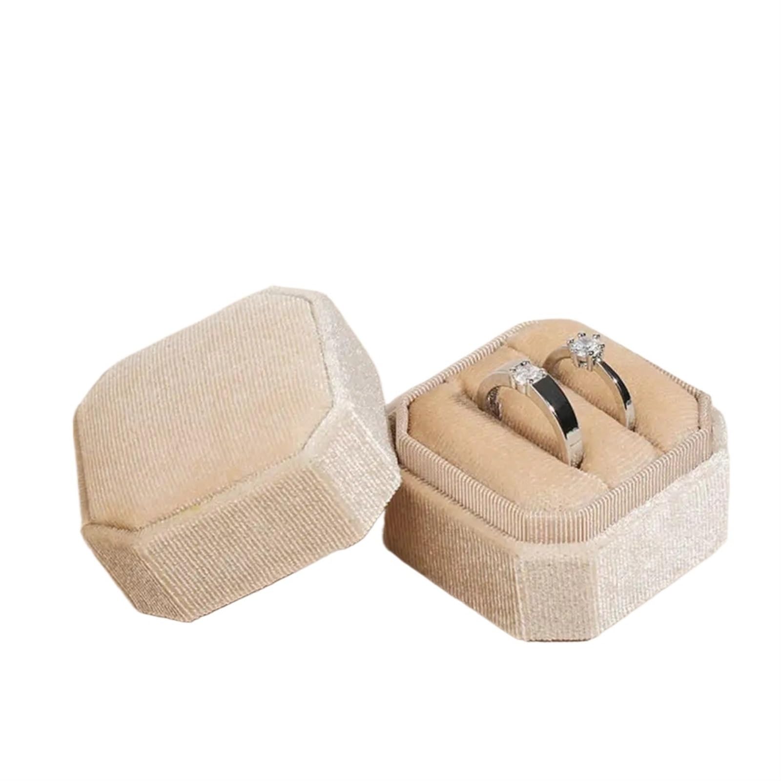 Ring Box Vintage Octagon Square Velvet Single And Double Ring Box With Detachable Lid Earrings Proposal Engagement Wedding Ceremony Gifts(Beige Double Ring)